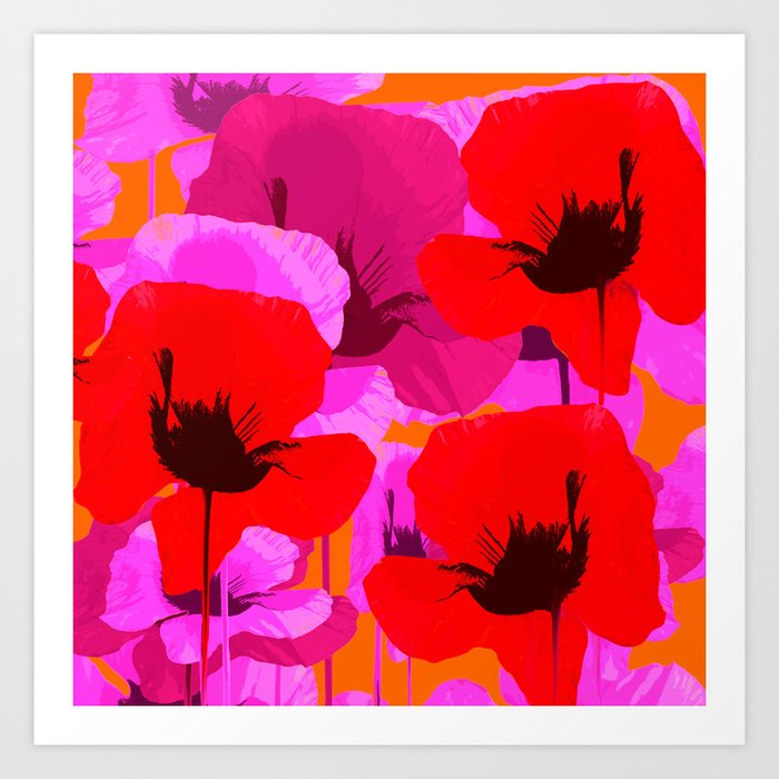Pink And Red Poppy Flowers Orange Background #decor #society6 #buyart Art Print