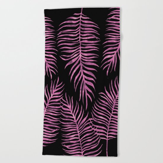 Fern Pattern Purple On Black Background Beach Towel
