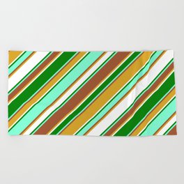 [ Thumbnail: Vibrant Aquamarine, Sienna, Goldenrod, White & Green Colored Lines/Stripes Pattern Beach Towel ]