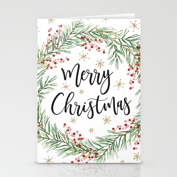 Merry Christmas wreath with red berries Stationery Cards