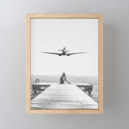 Steady As She Goes; aircraft coming in for an island landing black and white photography- photographs Framed Mini Art Print