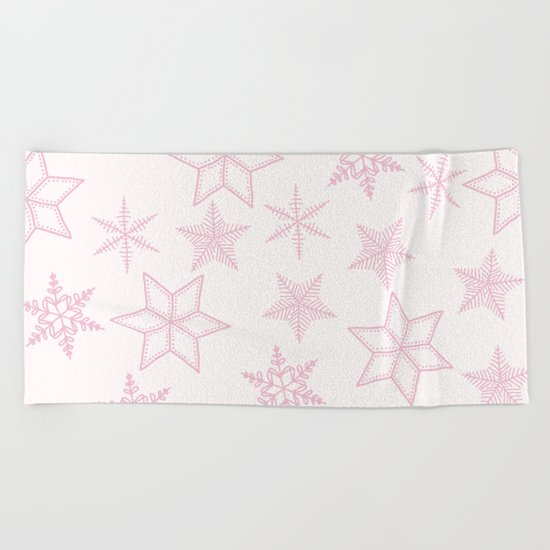 Pink Snowflakes On White Background Beach Towel