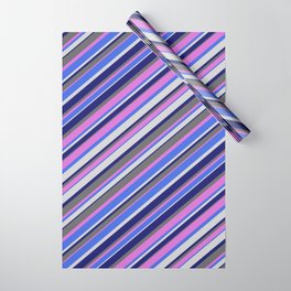 [ Thumbnail: Orchid, Royal Blue, Light Gray, Midnight Blue & Dim Gray Colored Lined Pattern Wrapping Paper ]