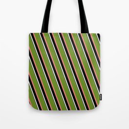 [ Thumbnail: Eyecatching Green, Light Coral, Black, Beige, and Dark Blue Colored Lined/Striped Pattern Tote Bag ]