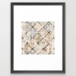 Seamless vintage pattern with an effect of attrition. Patchwork tiles. Hand drawn seamless abstract pattern from tiles. Azulejos tiles patchwork. Portuguese and Spain decor.  Framed Art Print | Pattern, Background, Flower, Tile, Patchwork, Wallpaper, Vintage, Seamless, Beige, Abstract 