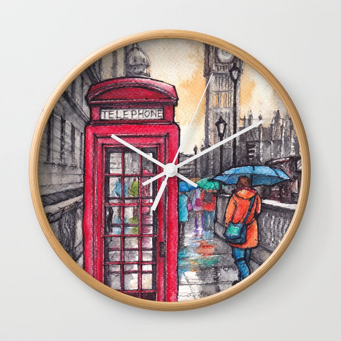 Rainy day in London ink & watercolor illustration Wall Clock