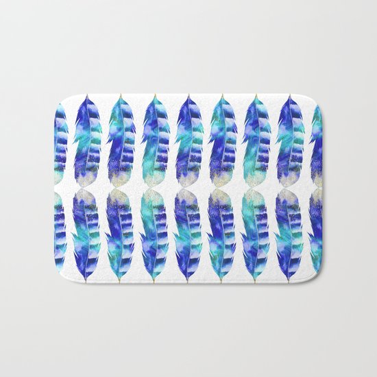 Blue Turquoise Watercolor Feather Art Bath Mat