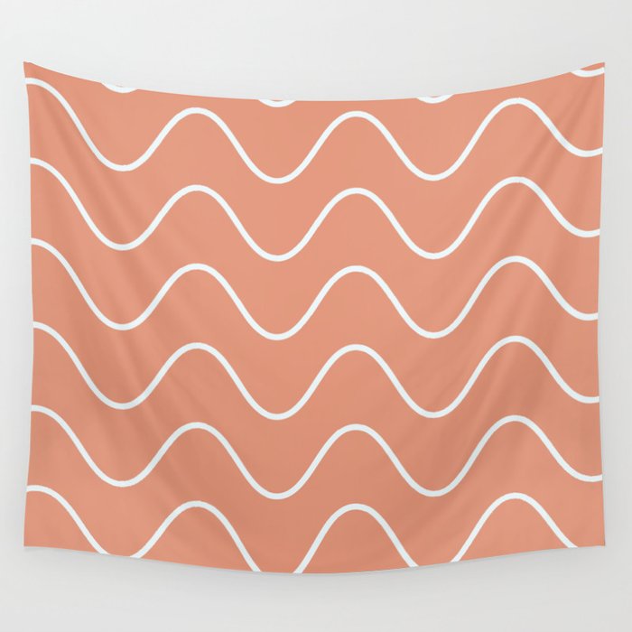 Abstract Wavy Lines Pattern - Dark Salmon and White Wall Tapestry