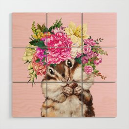 Flower Crown Squirrel in Pink Wood Wall Art