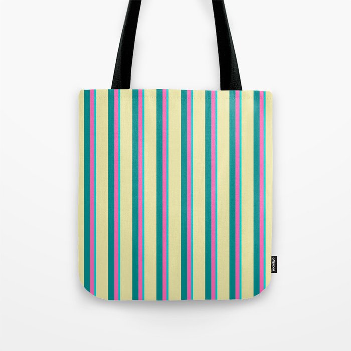 Dark Turquoise, Hot Pink, Dark Cyan & Pale Goldenrod Colored Lined Pattern Tote Bag