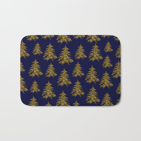 Sparkly gold Christmas tree on dark blue Bath Mat