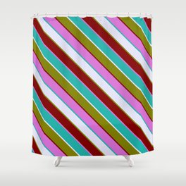 [ Thumbnail: Eyecatching Lavender, Green, Maroon, Orchid & Light Sea Green Colored Pattern of Stripes Shower Curtain ]