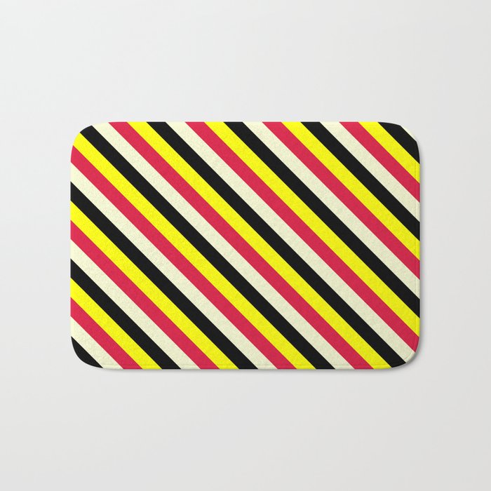 Yellow, Crimson, Light Yellow & Black Colored Stripes/Lines Pattern Bath Mat