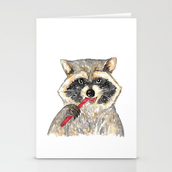 Raccoon brushing teeth bath watercolor Stationery Cards