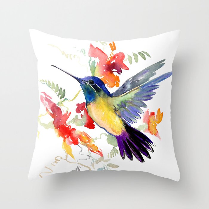 Hummingbird, floral bird art, soft colors Throw Pillow