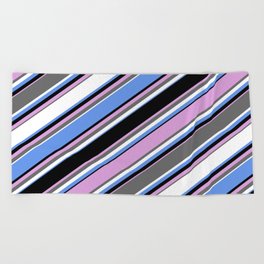 [ Thumbnail: Eye-catching Cornflower Blue, Black, Plum, Dim Grey, and White Colored Lined Pattern Beach Towel ]