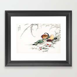 Couple Of Mandarin Ducks At Lakeshore - Vintage Japanese Woodblock Print Art  Framed Art Print