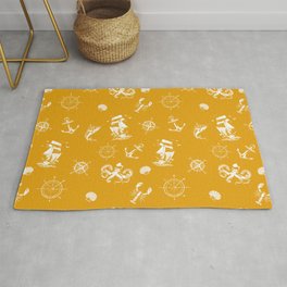 Mustard And White Silhouettes Of Vintage Nautical Pattern Area & Throw Rug