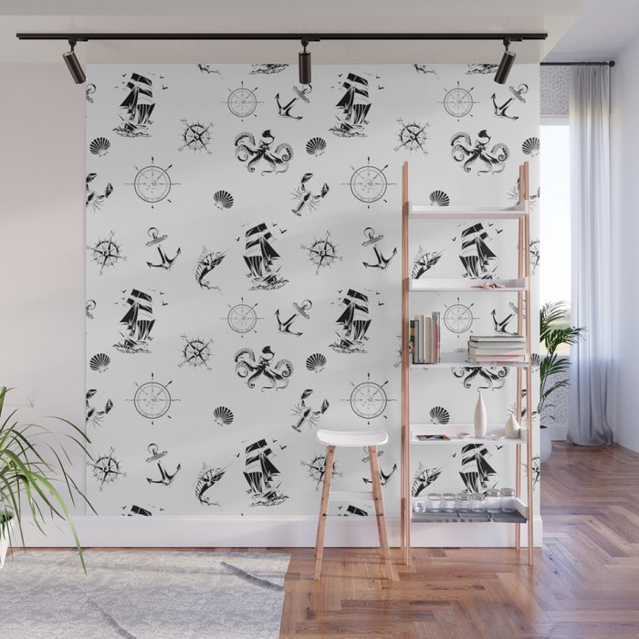 Black Silhouettes Of Vintage Nautical Pattern Wall Mural