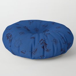 Monochrome Blue Silhouettes Of Vintage Nautical Pattern Floor Pillow