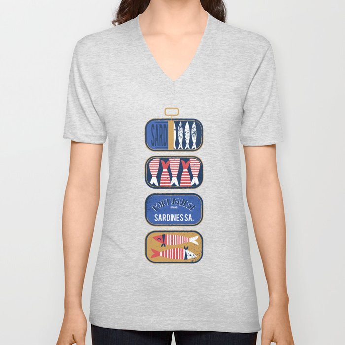 Vintage canned sardines // navy blue background peacock teal and mandy red cans  V Neck T Shirt