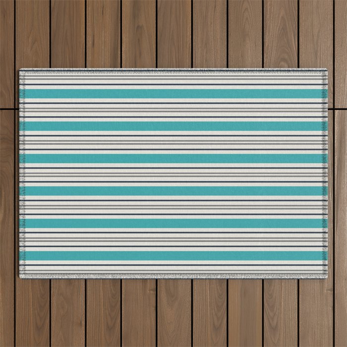 Aqua, Navy Blue & Soft Pastel Grey Horizontal Line Stripe Pattern on Alabaster Off White - Aquarium SW 6767 Outdoor Rug