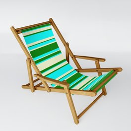 [ Thumbnail: Light Yellow, Green, and Aqua Colored Lined Pattern Sling Chair ]