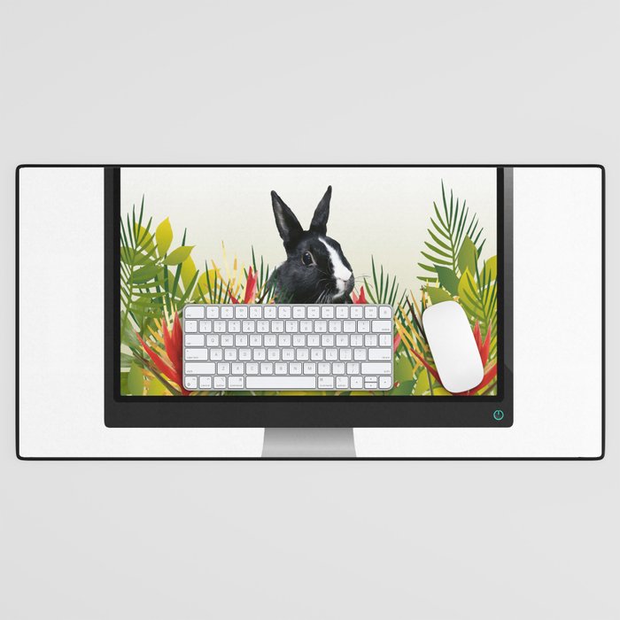 Computer - black & white Bunny Leaves Heliconia Flowers Desk Mat