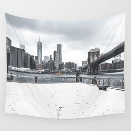 Brooklyn Bridge and Manhattan skyline during winter snowstorm blizzard in New York City Wall Tapestry