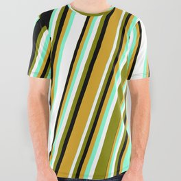 [ Thumbnail: Aquamarine, White, Green, Black, and Goldenrod Colored Pattern of Stripes All Over Graphic Tee ]