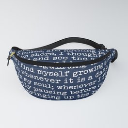 Moby Dick Opening Paragraph in White and Nautical Navy Blue Literary Typography Fanny Pack