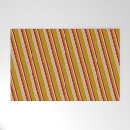 [ Thumbnail: Red, Tan, and Dark Goldenrod Colored Lined Pattern Welcome Mat ]