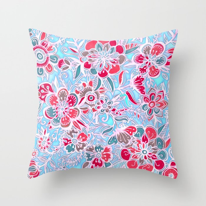 Sweet Spring Floral cherry red bright aqua Throw Pillow