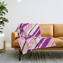[ Thumbnail: Light Pink, Beige, and Purple Colored Lined/Striped Pattern Throw Blanket ]
