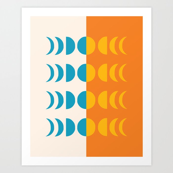 Moon Phases 8 in Shades of Blue Orange beige gold Art Print