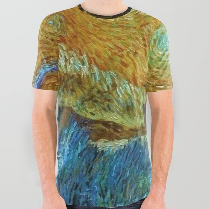 Road with Cypress and Star; Country Road in Provence by Night, oil-on-canvas post-impressionist landscape painting by Vincent van Gogh in alternate gold twilight sky All Over Graphic Tee