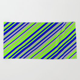 [ Thumbnail: Chartreuse, Blue, and Dark Gray Colored Lined Pattern Beach Towel ]
