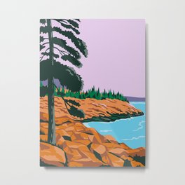 Acadia National Park in Maine Metal Print | Painting, Retro, Schoodicpeninsula, Design, Illustration, Barharbor, Naturallandscape, Ocean, Nationalpark, Atlantic 