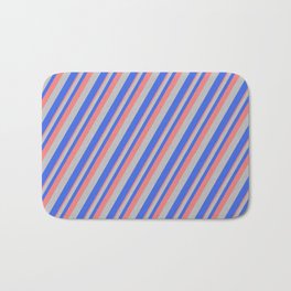 [ Thumbnail: Light Coral, Grey, and Royal Blue Colored Striped/Lined Pattern Bath Mat ]