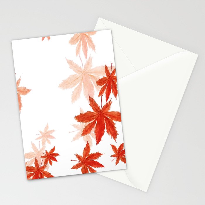 Falling Red Maple Leaves Watercolor Painting Stationery Cards By
