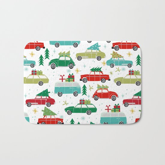 Christmas holiday vintage cars classic festive christmas tree snowflakes winter season Bath Mat