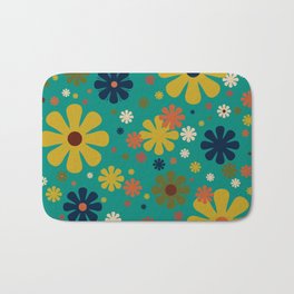 Flowerama - Retro Floral Pattern in Mid Mod Colors on Turquoise Teal Bath Mat | Aesthetic, Digital, Curated, Mustard, Graphicdesign, Pattern, Floral, Flowers, 60S, Retro 