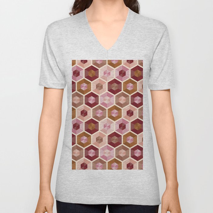 Hexagon Gems – Rose V Neck T Shirt