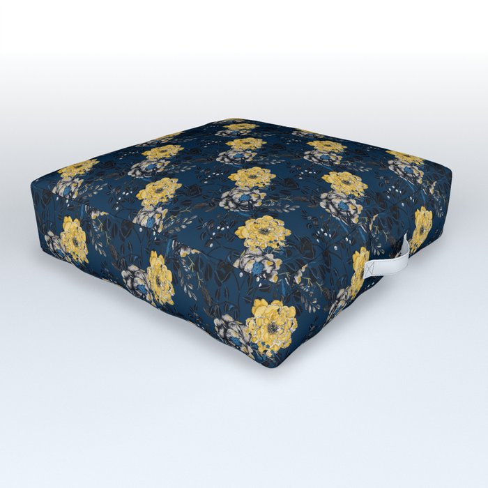 Vintage Navy Blue Botanical Floral Seamless Pattern Outdoor Floor Cushion
