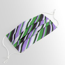 [ Thumbnail: Purple, Lavender, Forest Green & Black Colored Stripes Pattern Face Mask ]