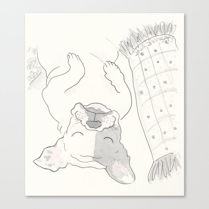 Topsy Turvy Snoozing Frenchie French Bulldog Black & White Canvas Print
