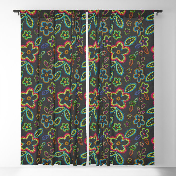 Embroidery imitation floral pattern on dark canvas Blackout Curtain