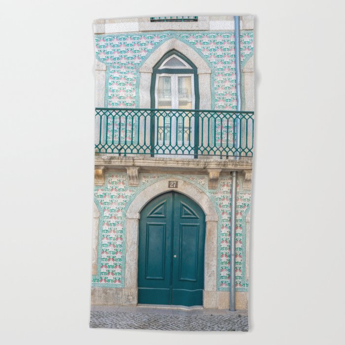The green door nr. 27 - vintage green azulejos tiles - LIsbon Portugal travel photography Beach Towel
