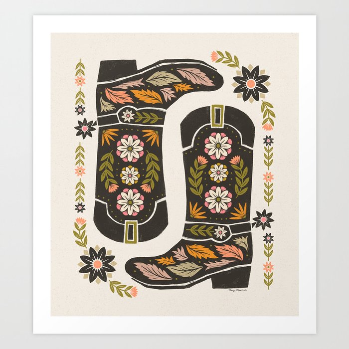 Cowboy boots and flowers Art Print