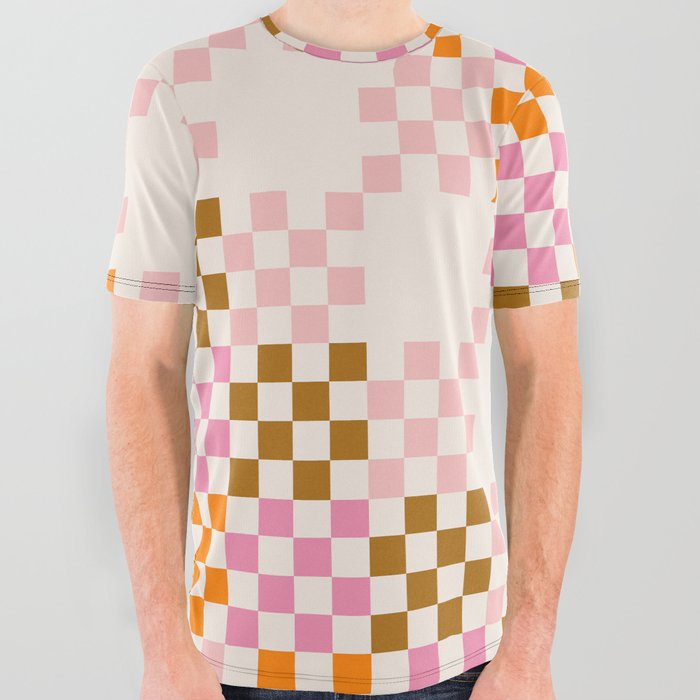 Pink + Tan + Orange Chequered Pattern All Over Graphic Tee